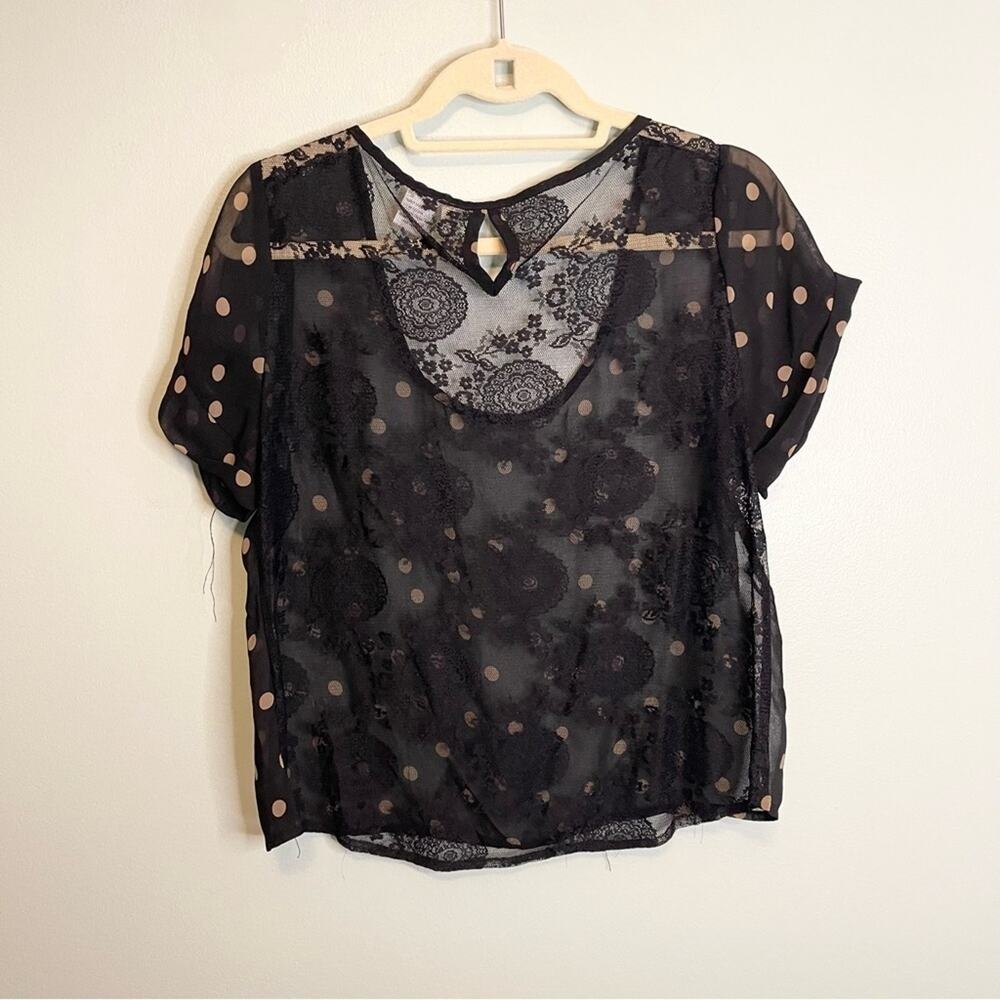 Passport Women's Black Polka Dots Short Sleeve Sheer Lace Mesh Blouse Top Large - Picture 2 of 10